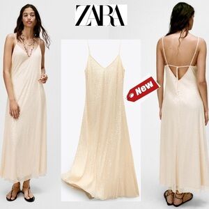 Zara cream sequin beaded spaghetti strap maxi slip dress Sz S NWT